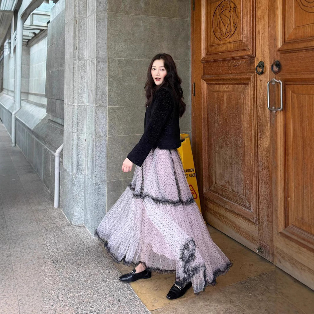 French Style Mesh Pink Polka Dot A- Line Dress Skirts
