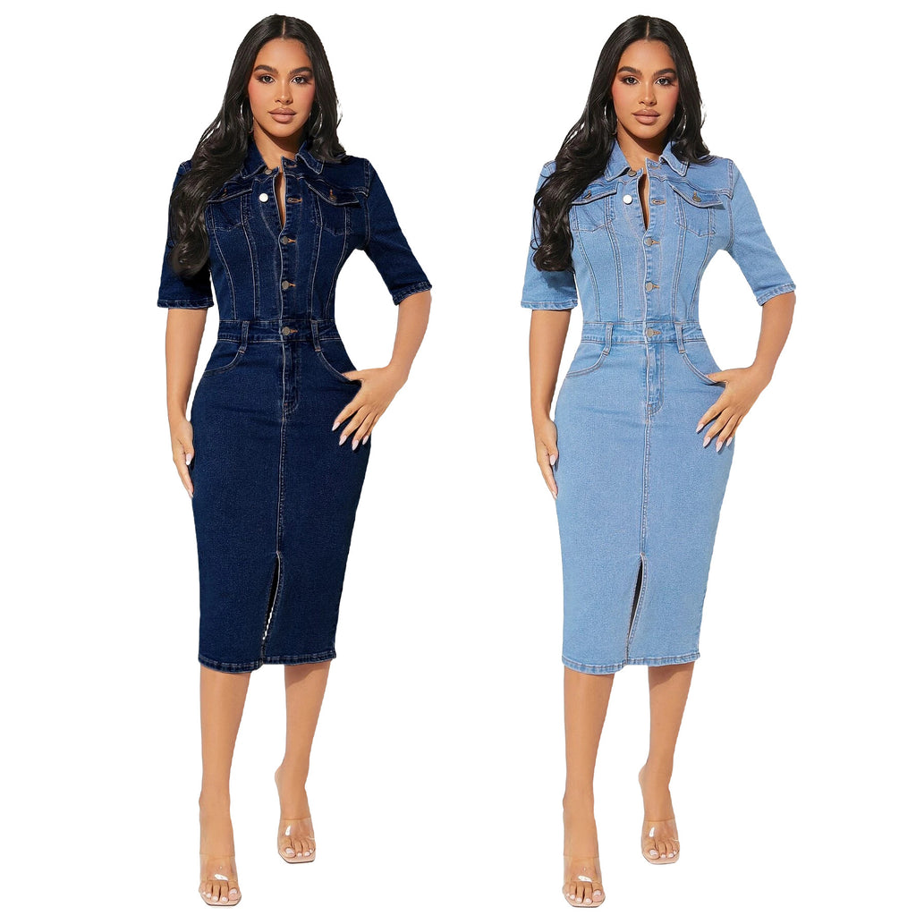 Sexy Elastic Breasted Denim One-piece Midi Skirts