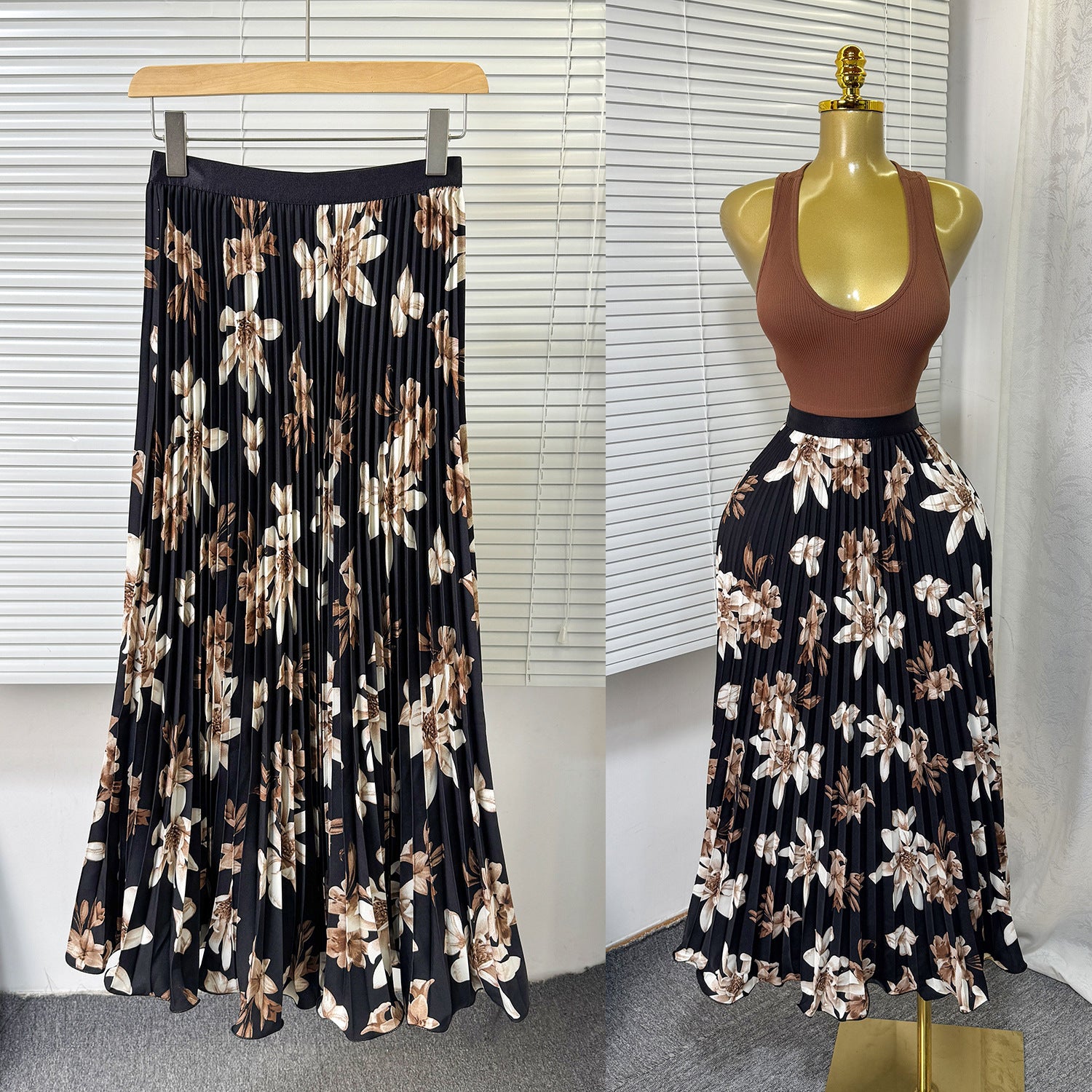 Women's Retro Printed High Waist A- Line Mid-length Pleated Large Hem Skirt