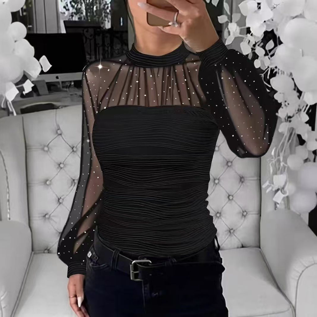 Pearl Mesh Stitching Long Sleeves Base Blouse