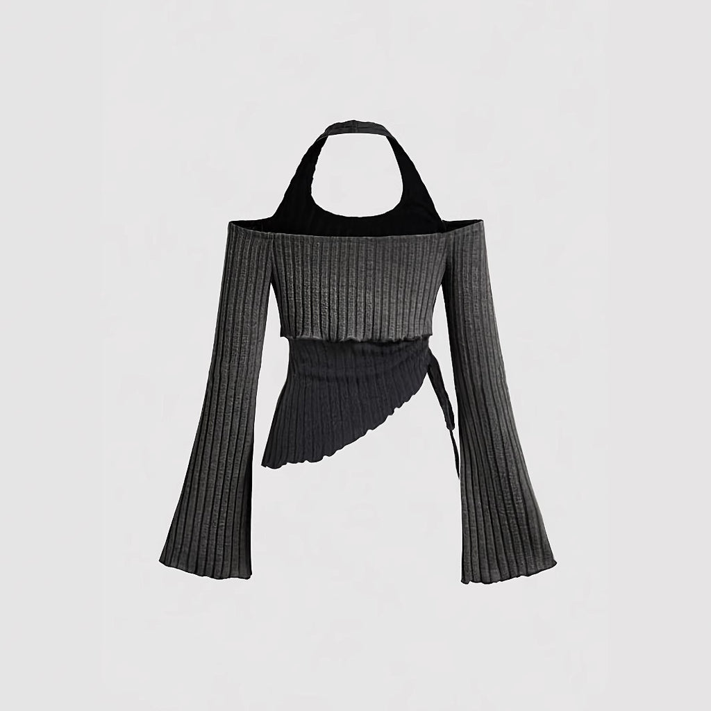 Women's Clothes Long Sleeve Contrast Colors Stitching Halter Women's T-shirt