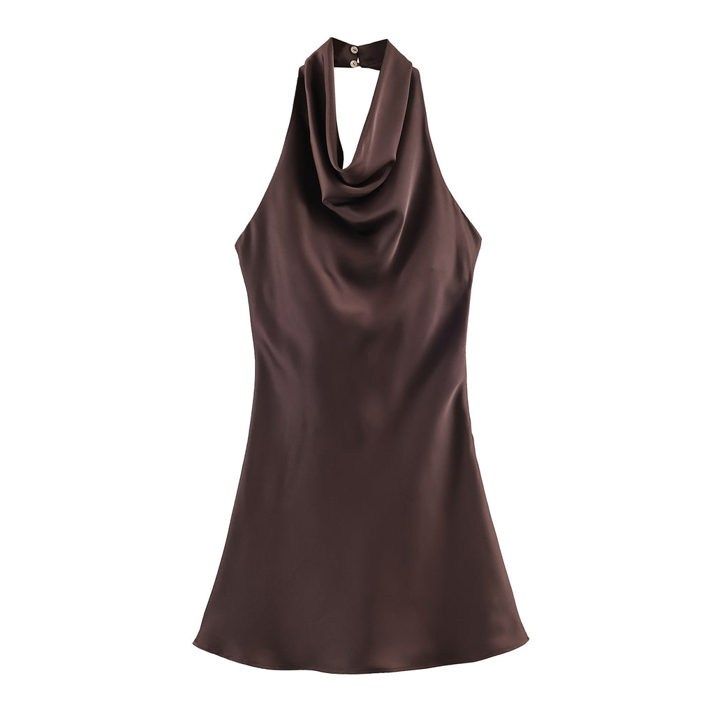 Women's Hanging Collar Sleeveless Silk Satin Texture Dress