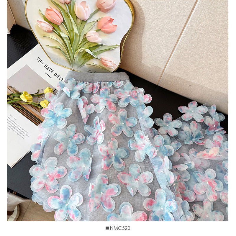 Women's Flower Mesh Stitching Autumn High Waist A- Line Loose Large Skirt