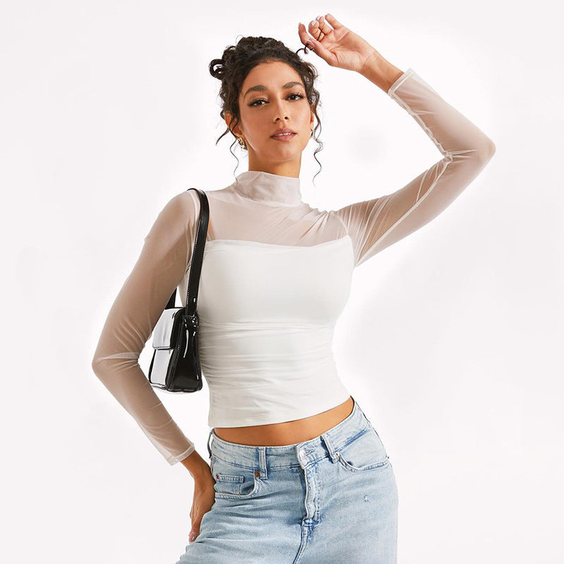 Women's Pure Color Half Collar Mesh Stitching Women's T-shirt