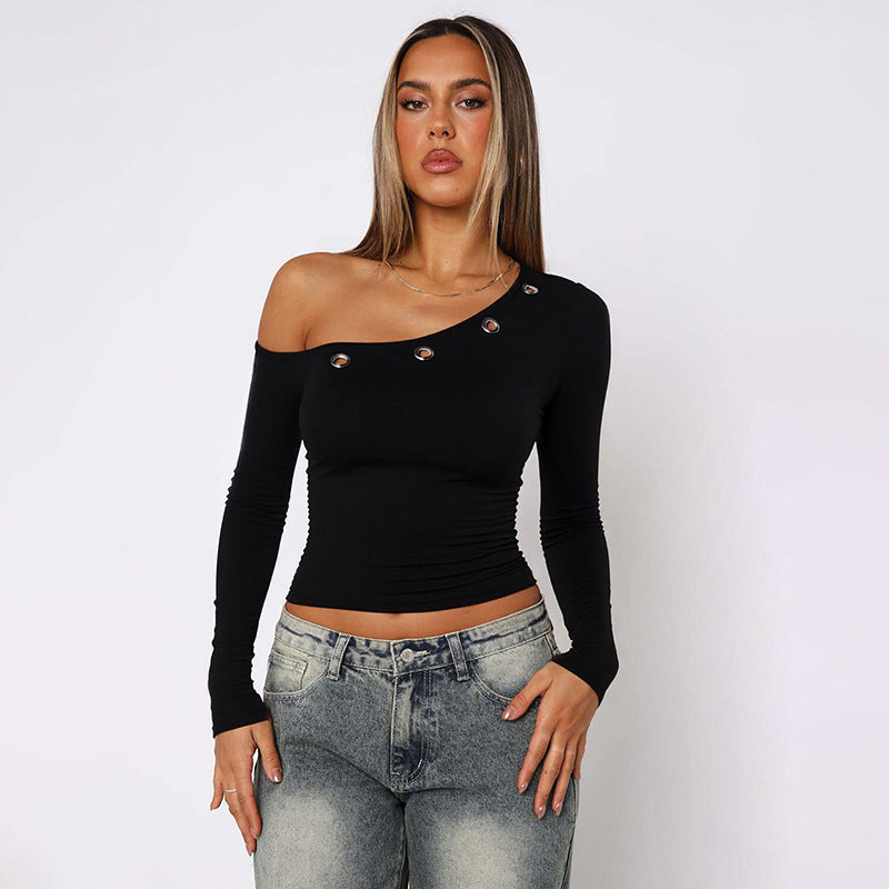 Women's Autumn Cold-shoulder Corns Solid Color Cropped Tops