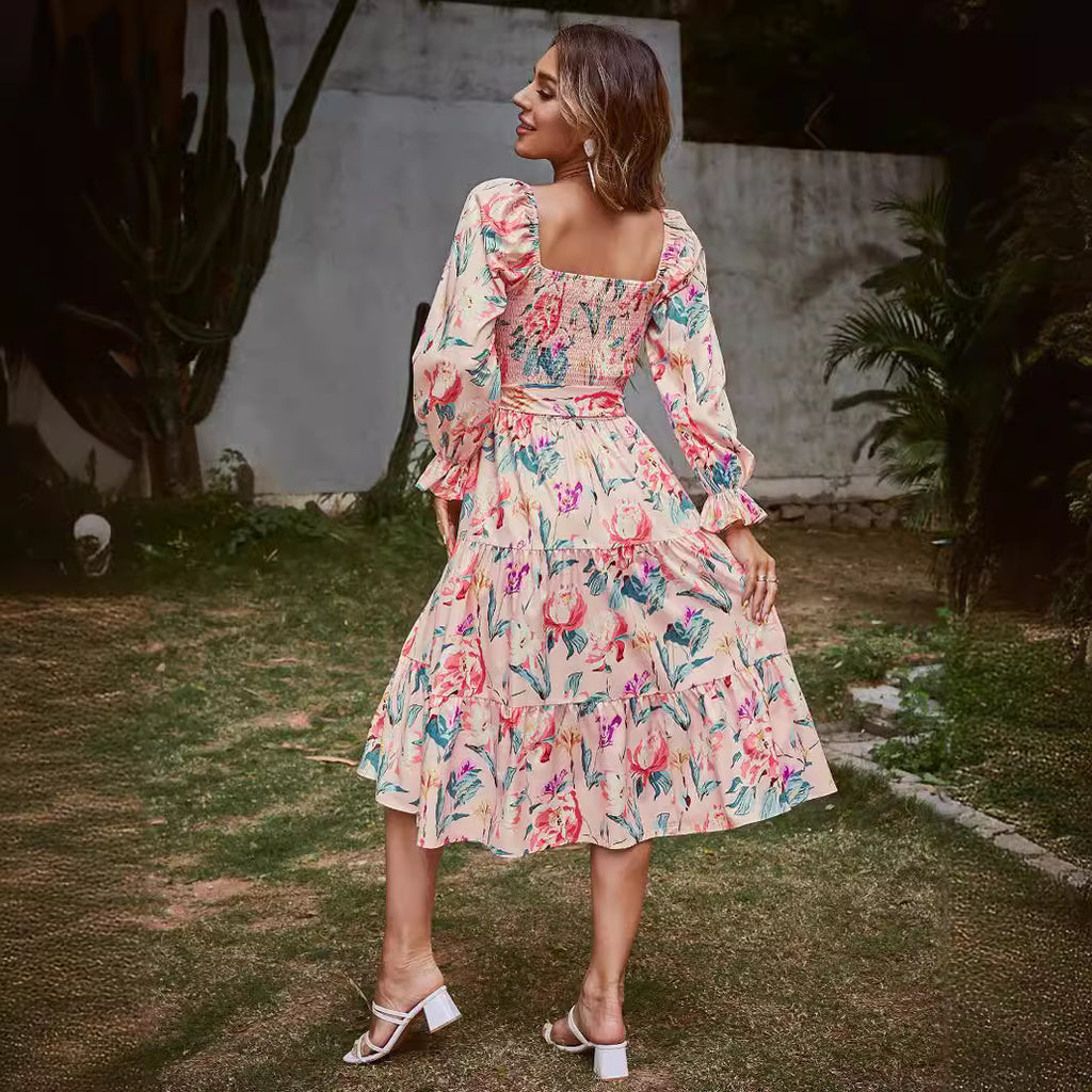 Collar Flared Long Sleeve High Waist Dress