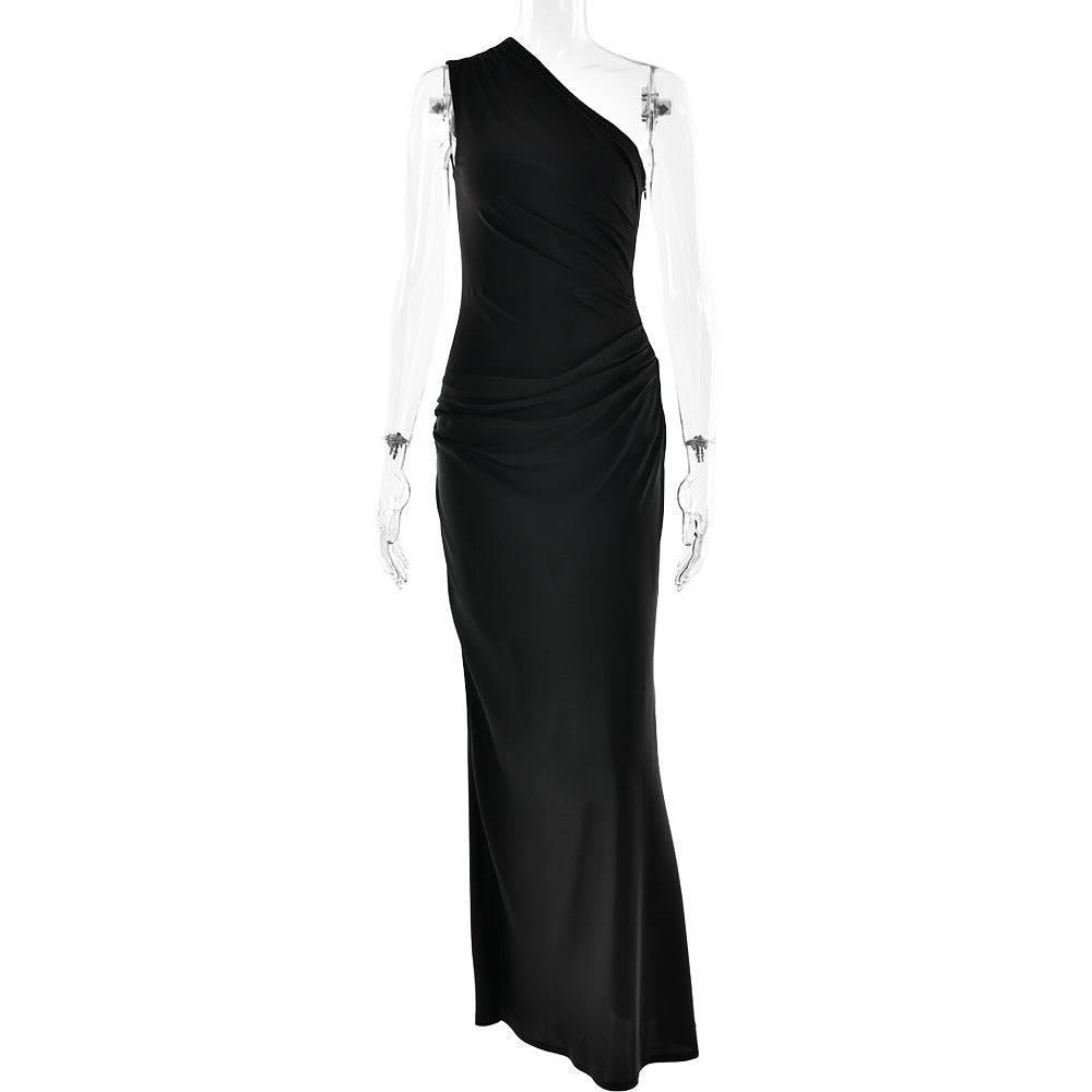 Women's Oblique Shoulder Long Sexy Sleeveless Pleated Hot Dress