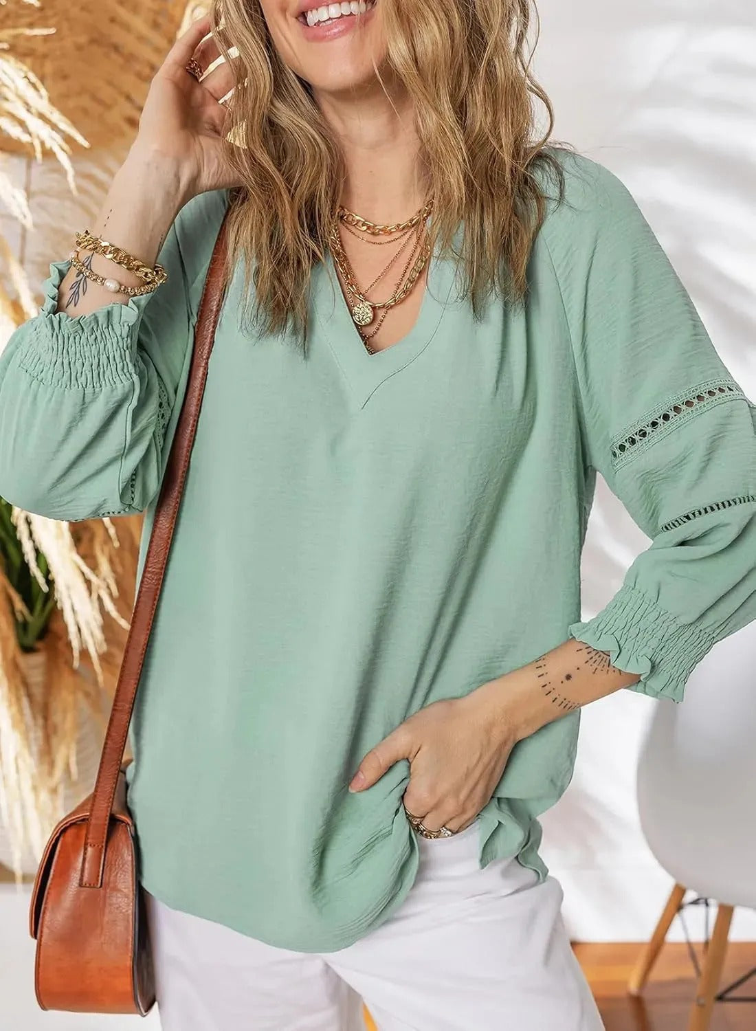 Women's Loose Pleated Sleeve Shirt Casual Vacation Style Solid Blouse