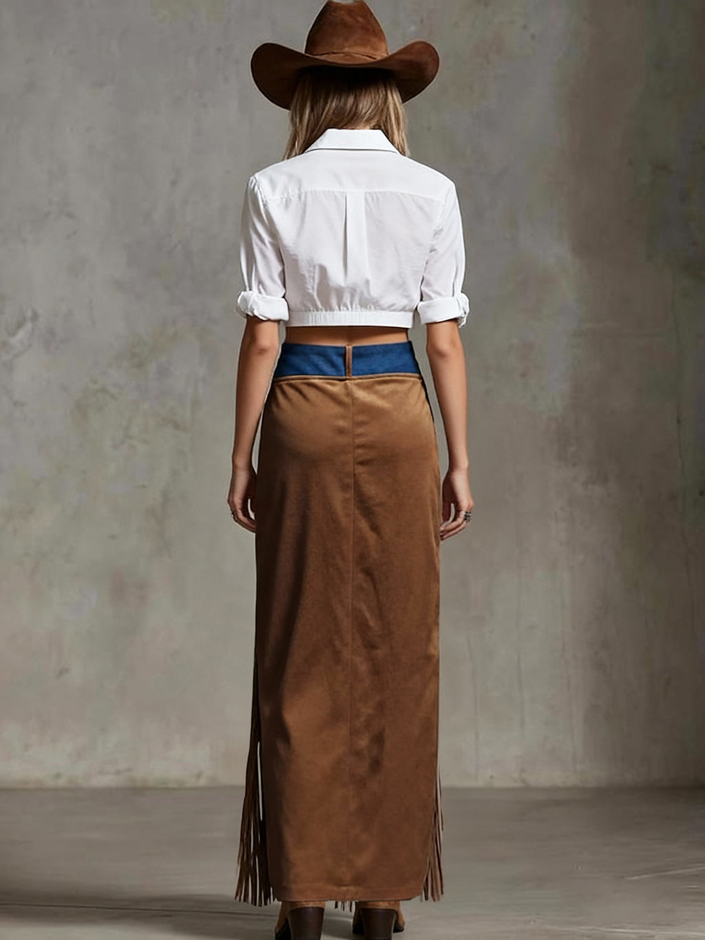 Fringe Stitching Denim Hem Irregular Suede Skirts