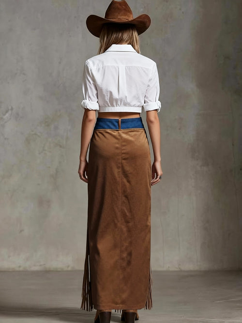 Fringe Stitching Denim Hem Irregular Suede Skirts