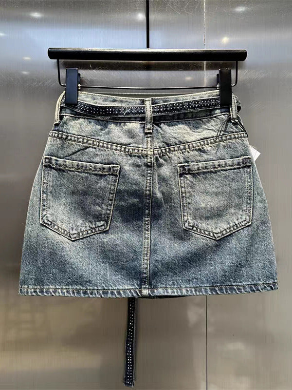 Rhinestone Denim High Waist Sexy A- Skirt