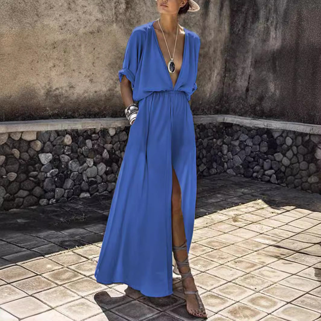 Deep V Sexy Elastic Waisted Half Sleeve Split Dress