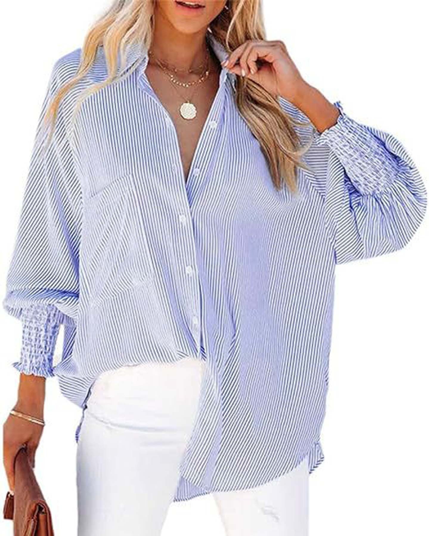 Women's Striped Long Sleeve Loose Shirt Casual Tops