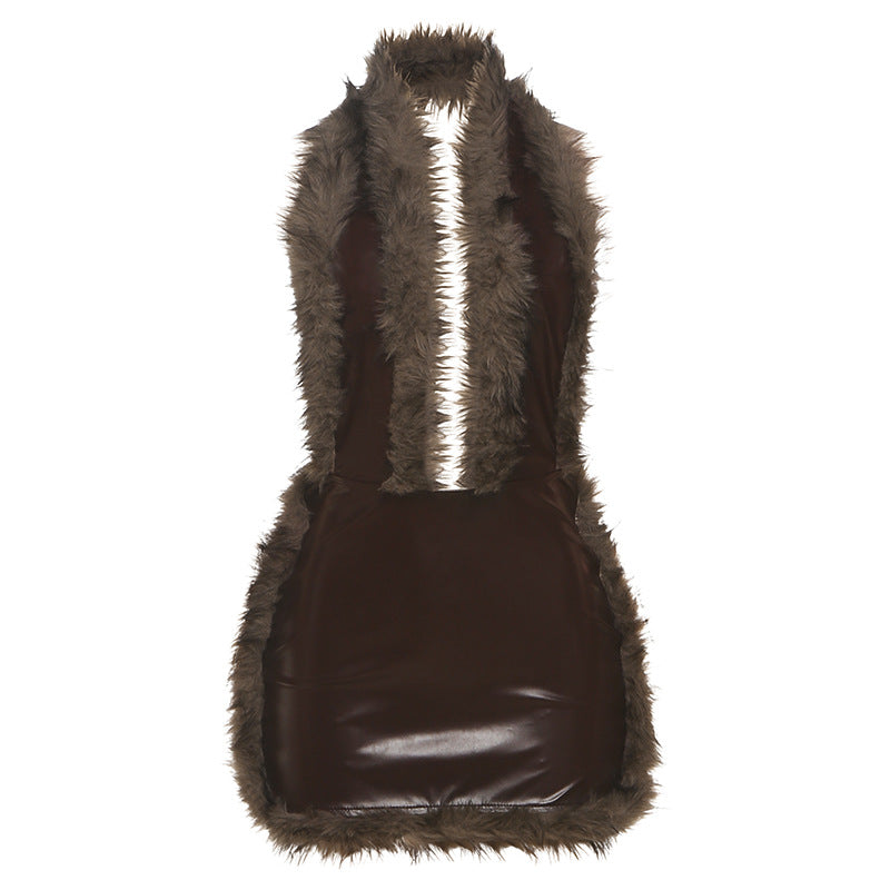 Sexy Street Hipster Leather Stitching Sleeveless Halter Dress