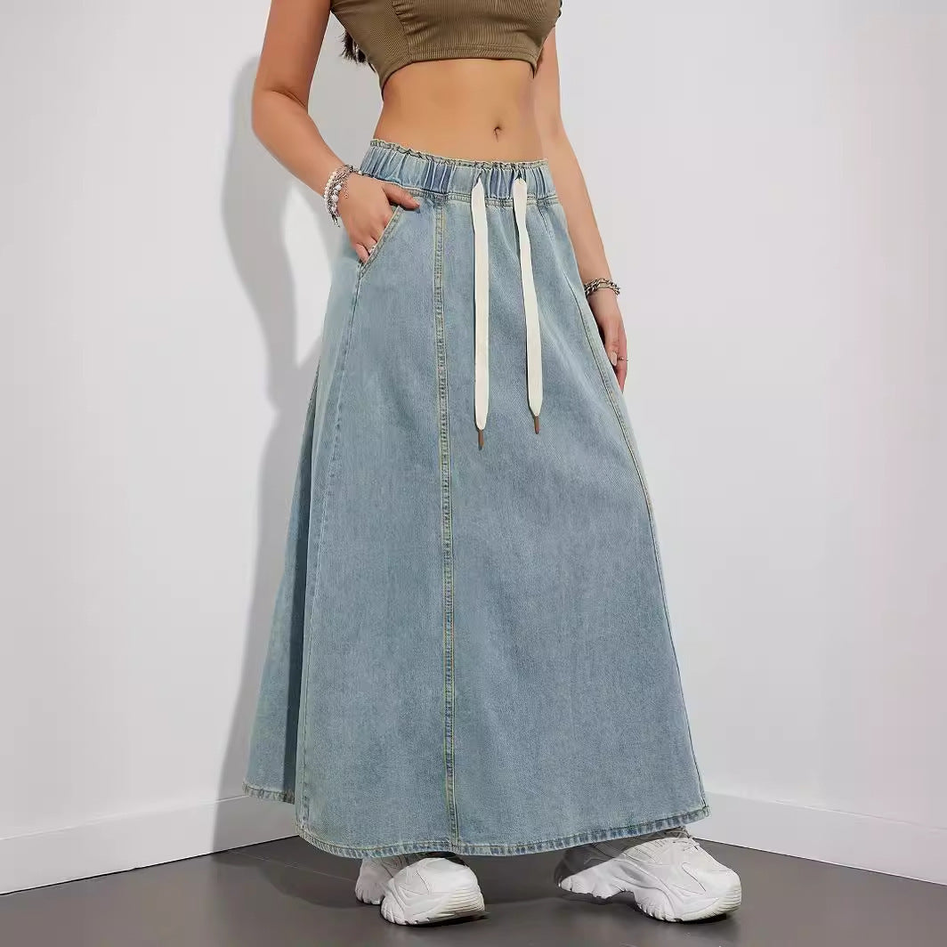 Women's Design Elastic Waist Loose Swing Dress Denim Skirt