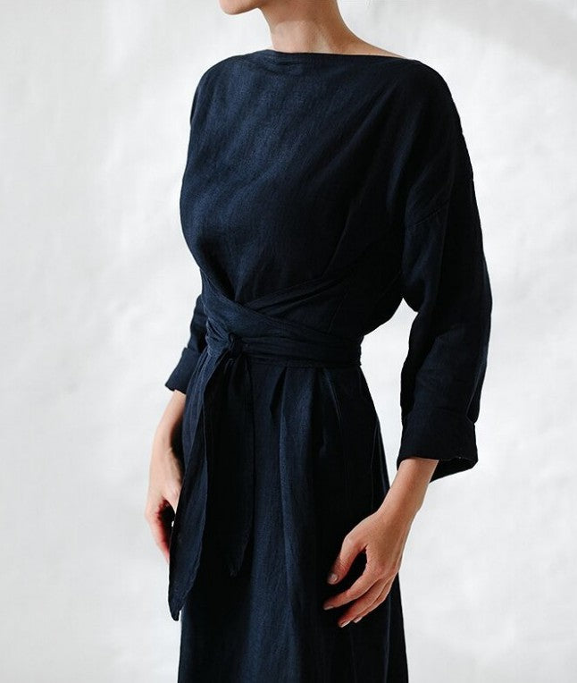 Cotton Linen Long Sleeve Off Shoulder Dress