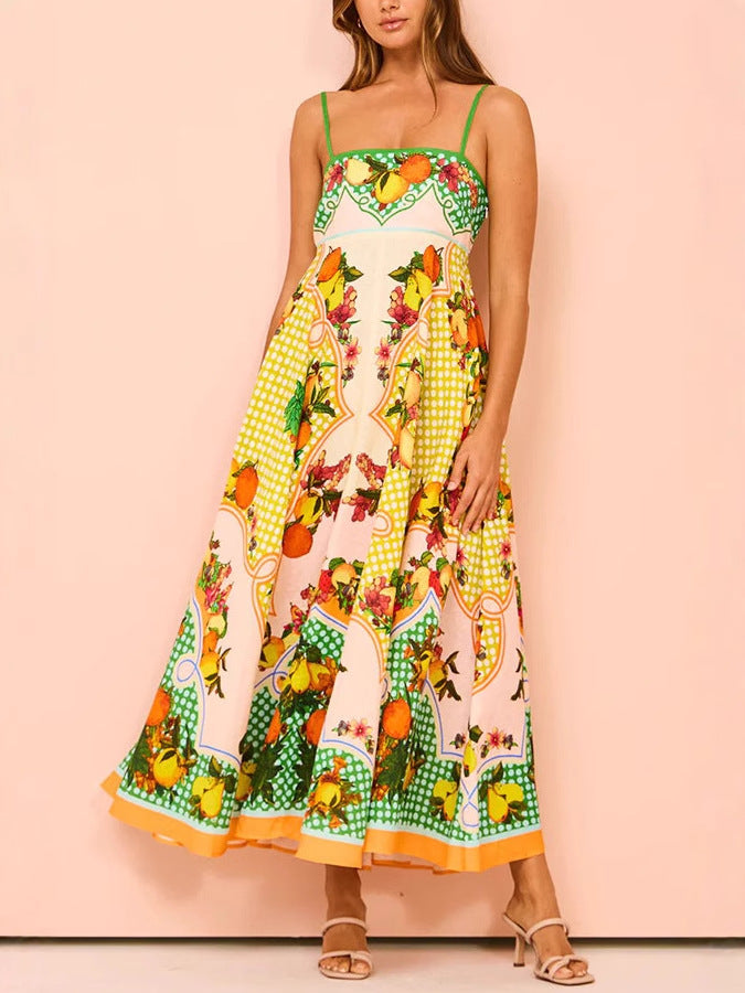 Women's Sexy Strap Positioning Printed Sleeveless High Waist Large Dress