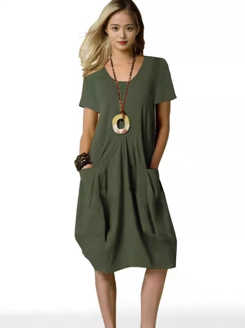 Fashion Solid Color Cotton Linen Patch Dress
