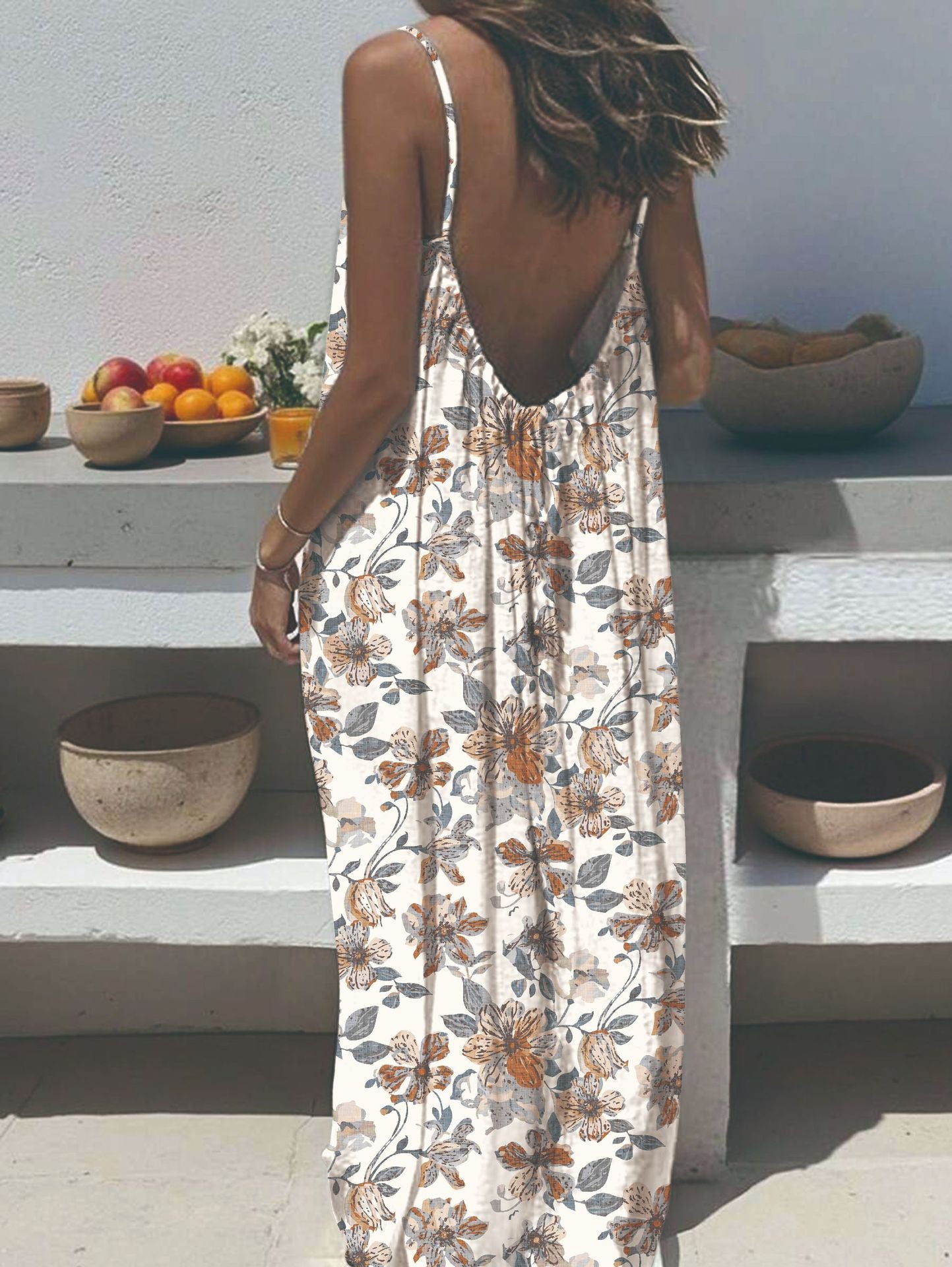 Women's Sling Backless Loose Print Long Dress