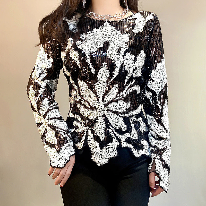 Women's Vintage Mesh Round Neck Pullover Beaded Sequins Temperament Commute Tops