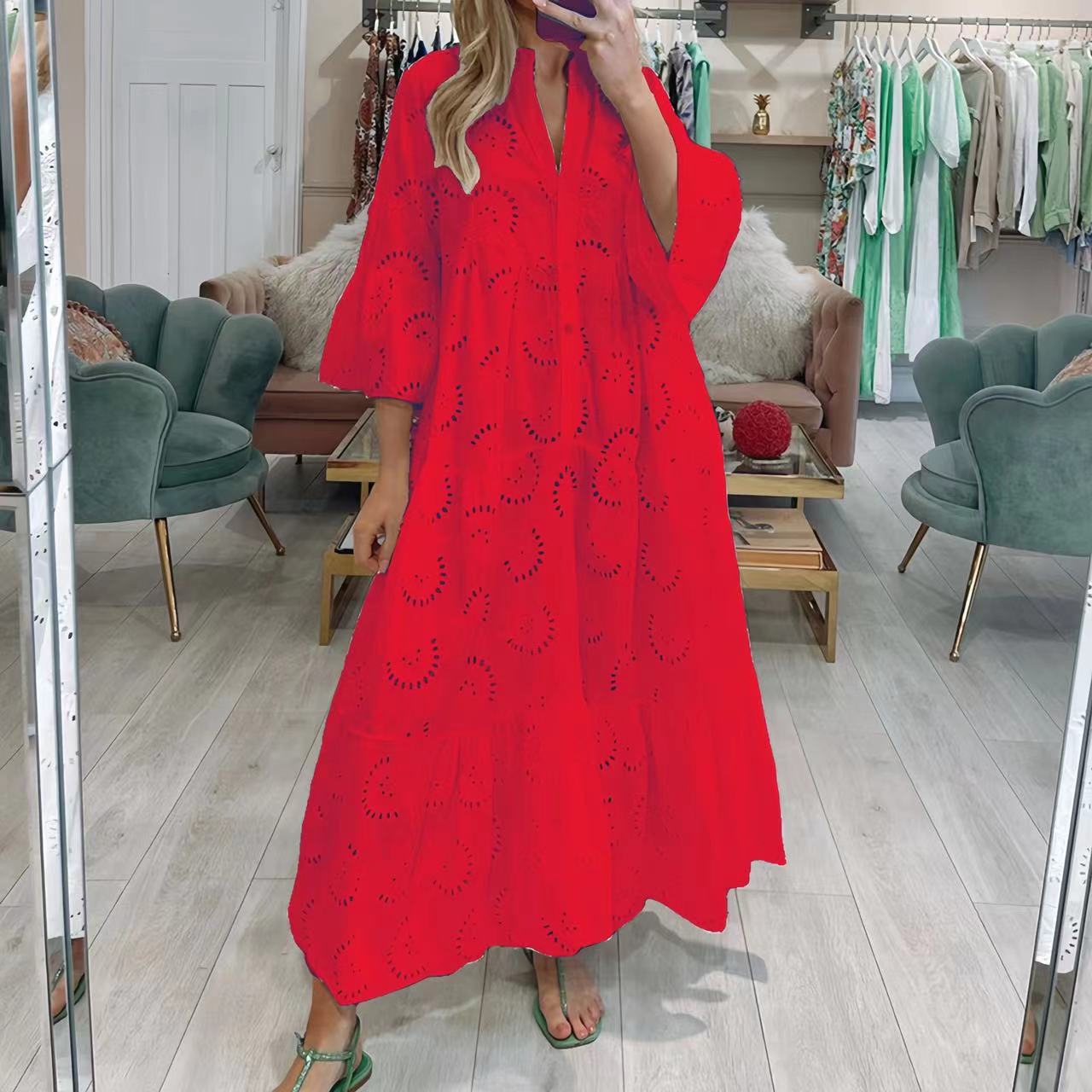 Women's French Style Bell Sleeve Lace Solid Color Sexy Long Dress