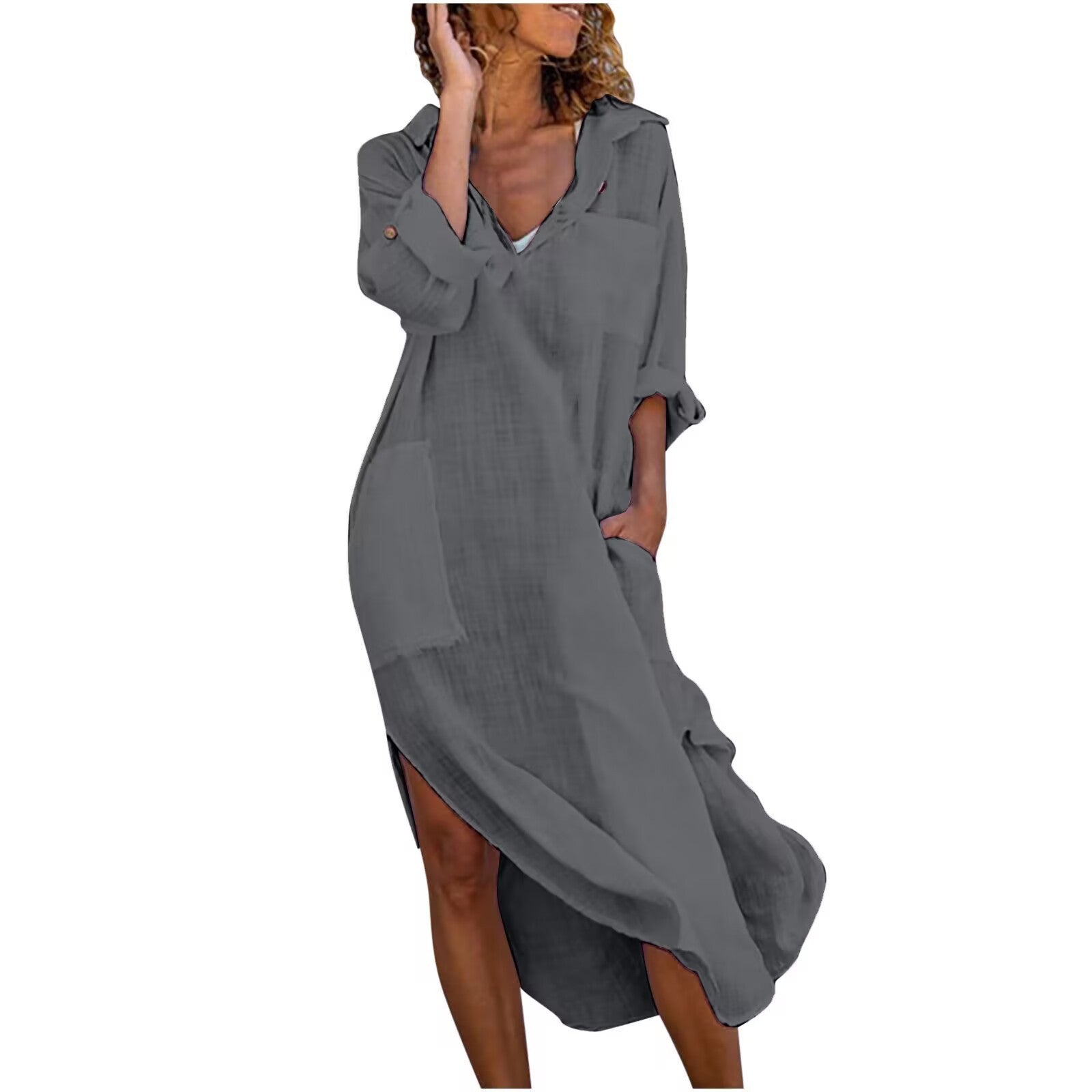 Women's Solid Color Buttons Slit Loose Breathable Casual Shirt Cotton Linen Dress