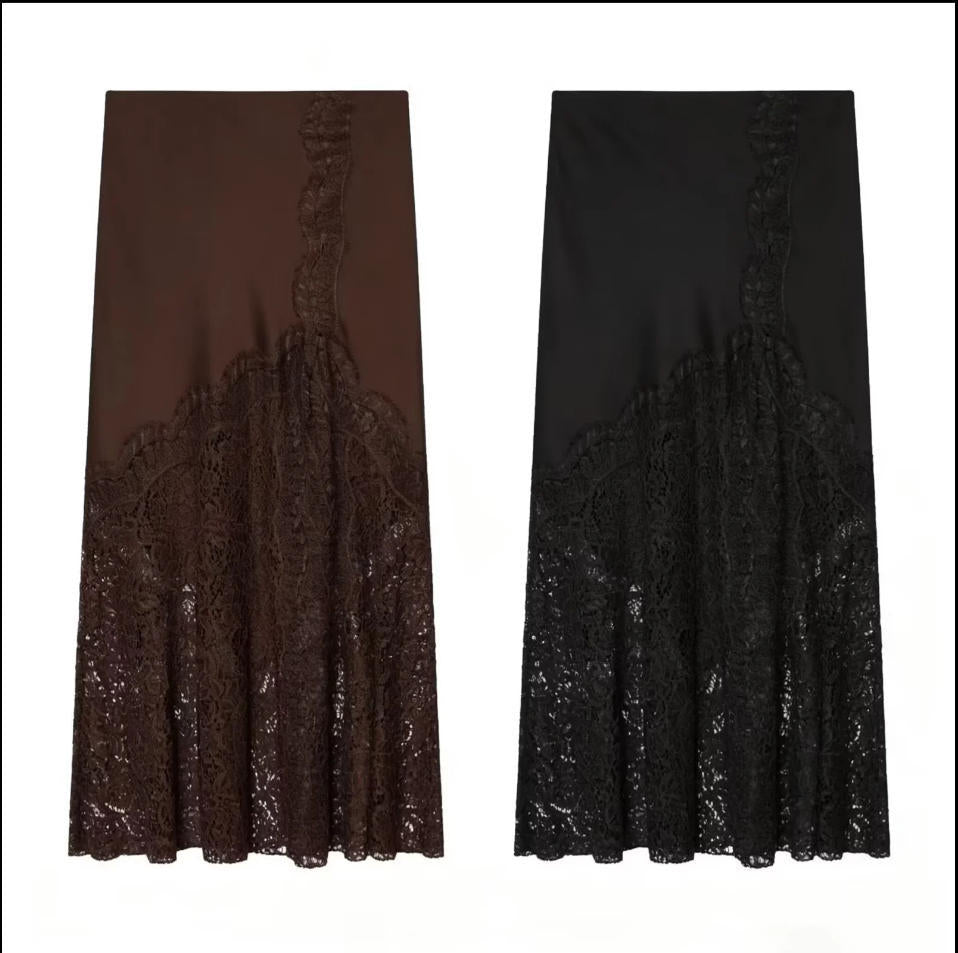 Elegant Women's Fashion Lace Silk Satin Skirt