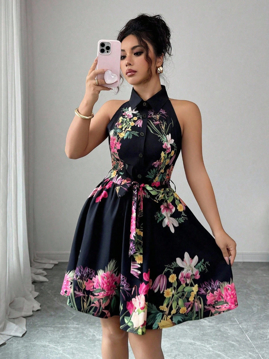 Stylish Fashion Charming Flower Print Halter Dress