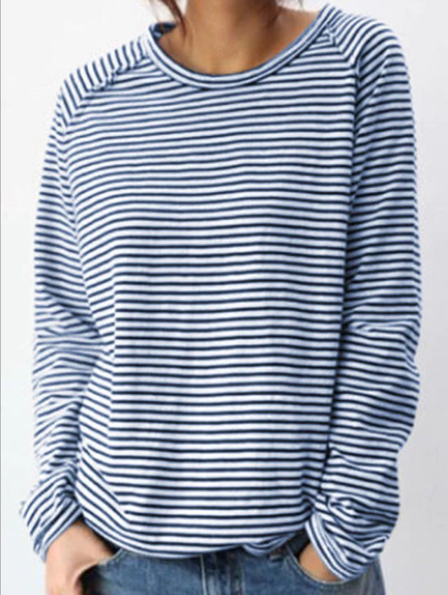 Women's Casual Loose Round Neck Raglan Long Sleeve Striped Printed Women's T-shirt