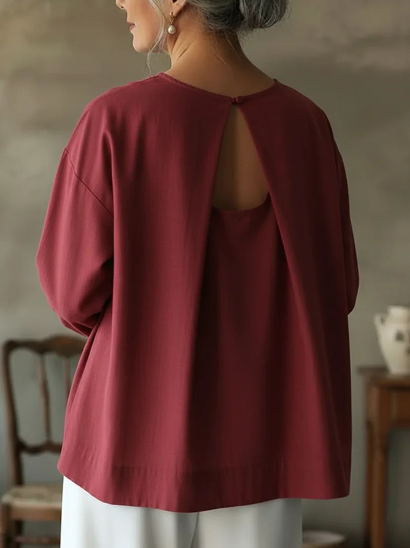 Women's Elegant Sleeve Shirt Backless Loose Crew Blouse