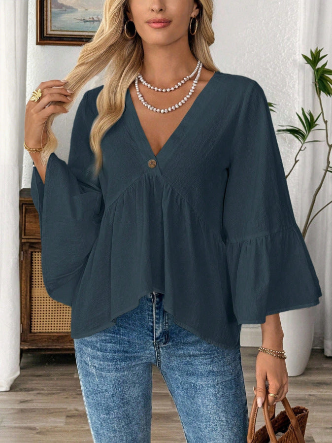 Women's Solid Color Ruffle Sleeve Cotton Female Blouse