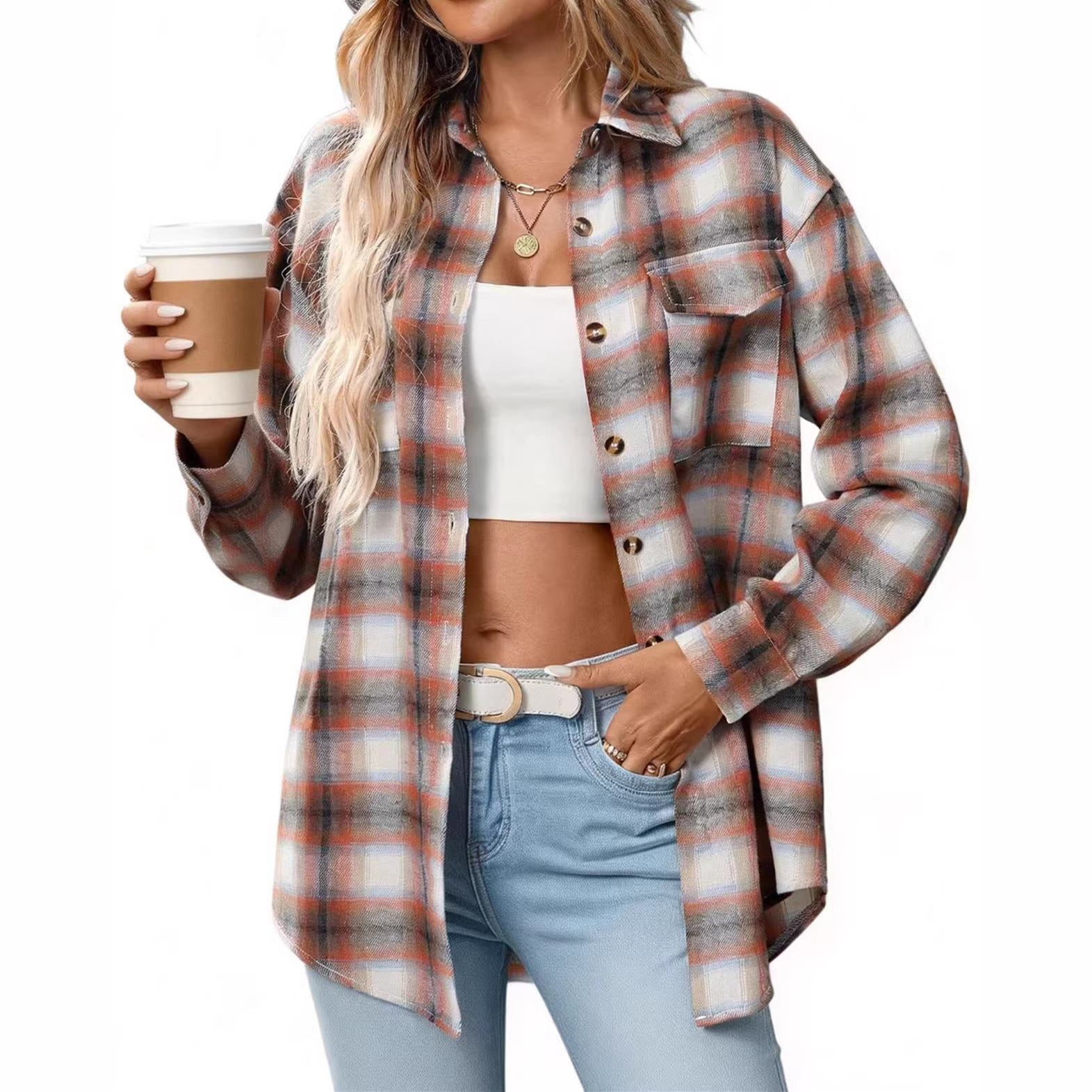 Women's Casual Fashion Loose Plaid Pocket Shirt Blouse