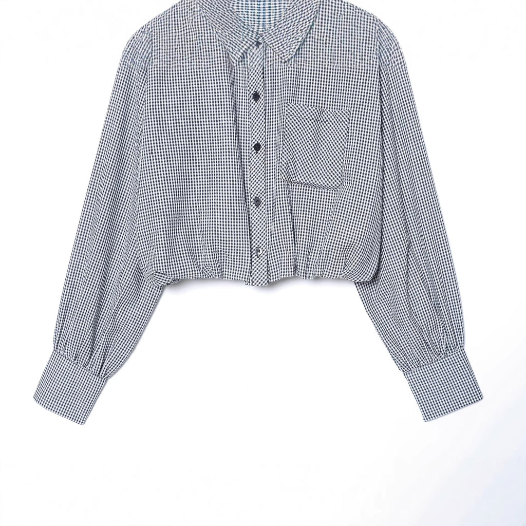 Women's Fashion Versatile Small Plaid Balloon Shirt Blouse