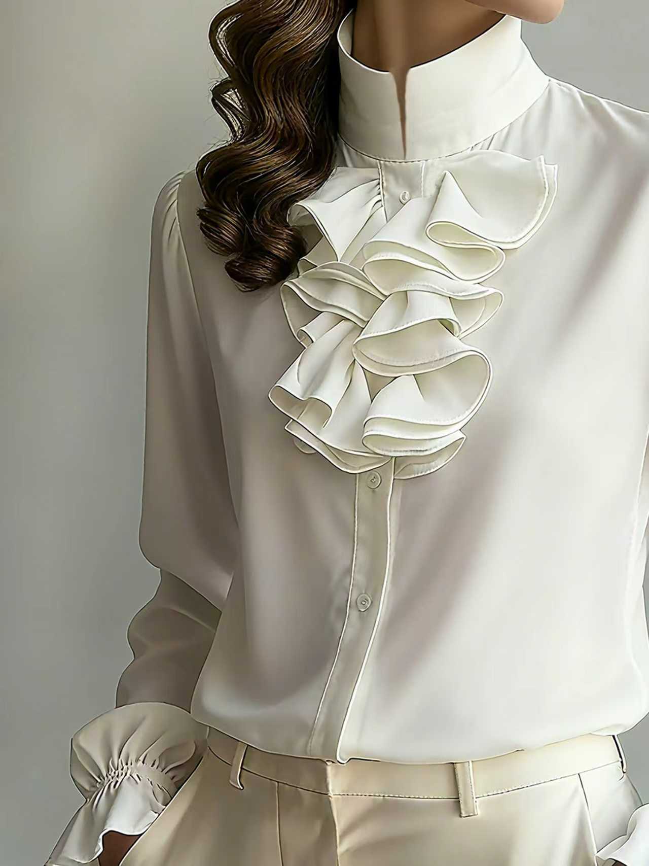 Women's Temperament Commute Loose Lapel Pure Color Ruffles Blouse