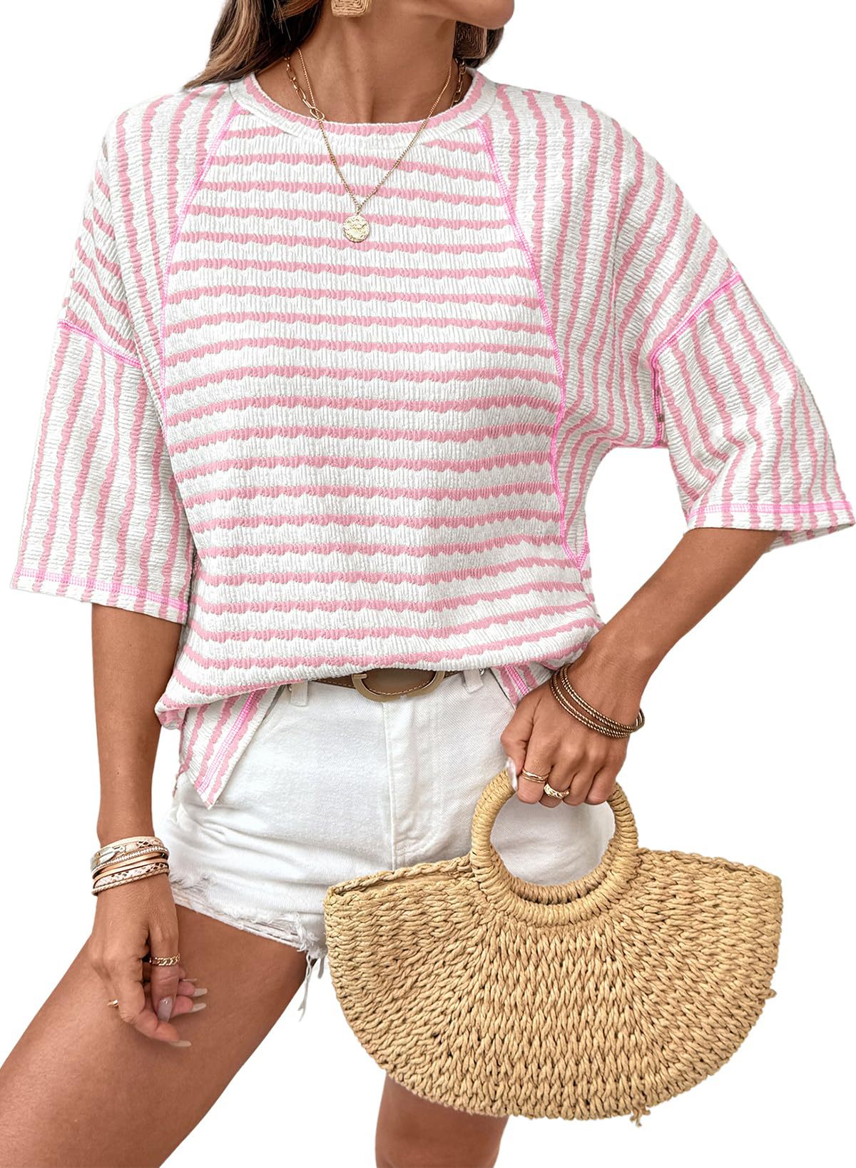 Women's Summer Pullover Simple Striped Half Sleeve Women's T-shirt