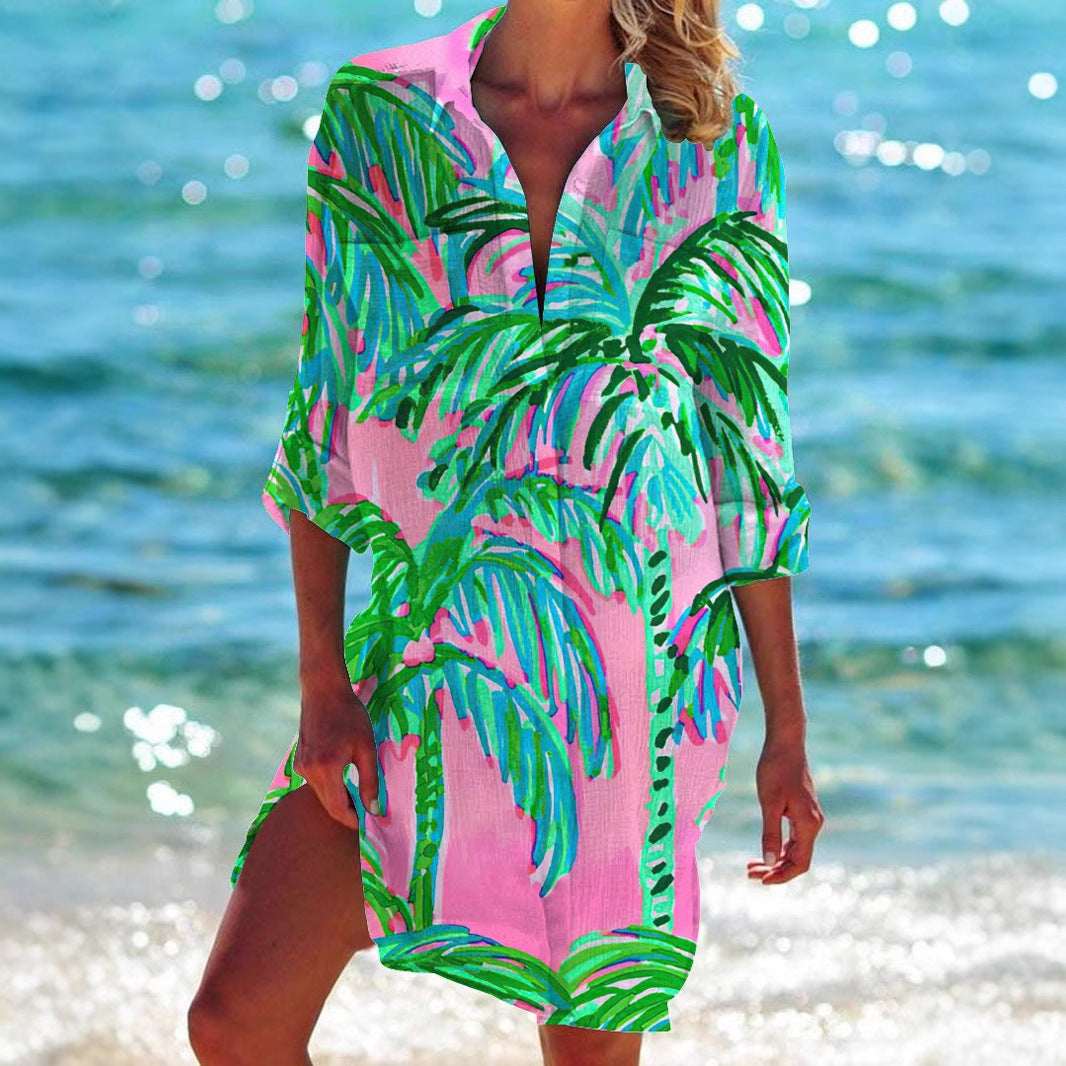 Women's Summer Printed Bikini Shirt Swimsuit Vacation Blouse