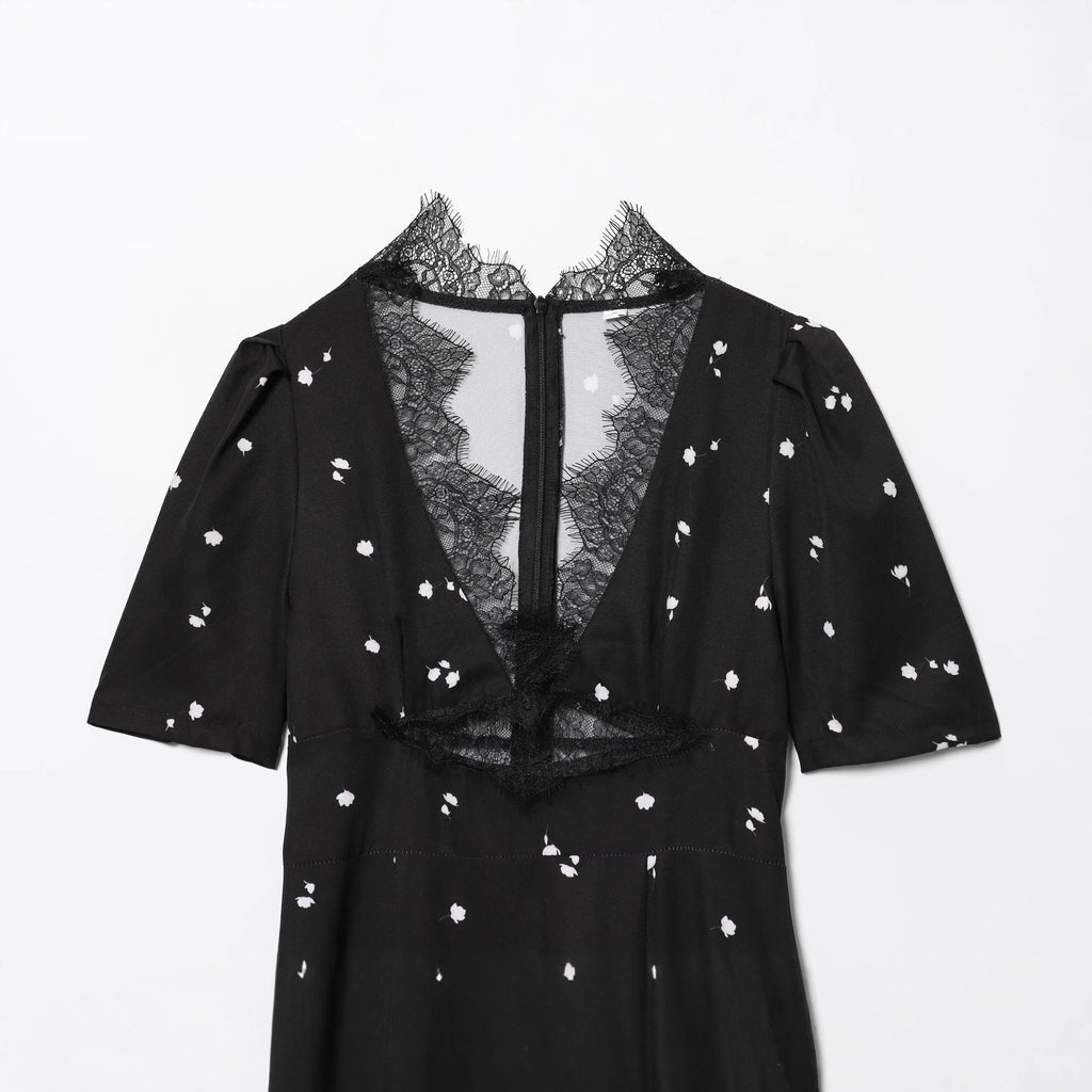 Women's Fashion Sexy Lace Stitching Puff Sleeve Dress