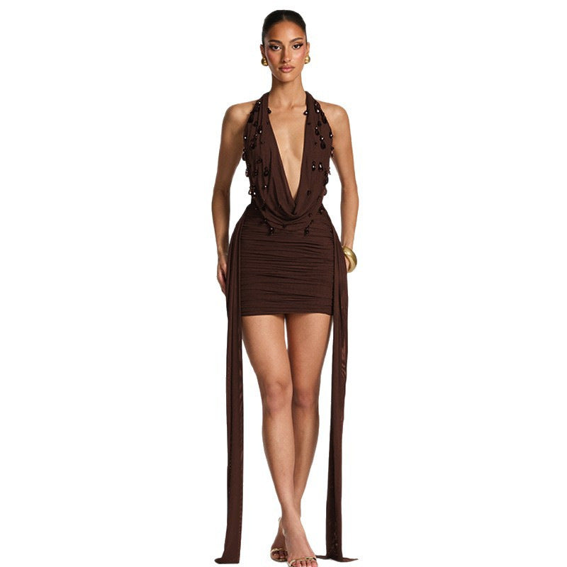 Women's Drop Decoration Sexy Deep Halter Backless Dress