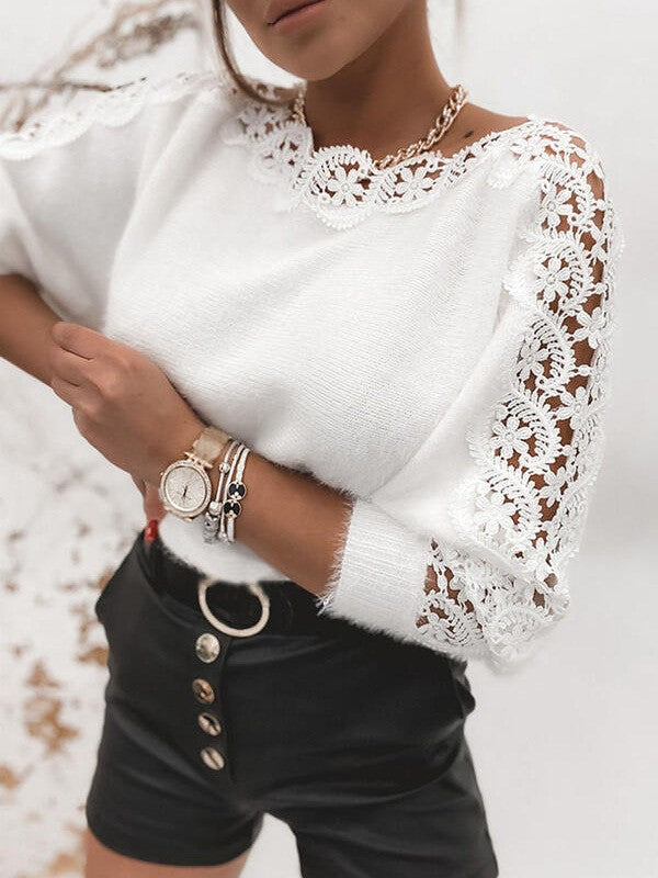 Women's Knitted Elegant Lace Stitching Sleeves Solid Sweaters