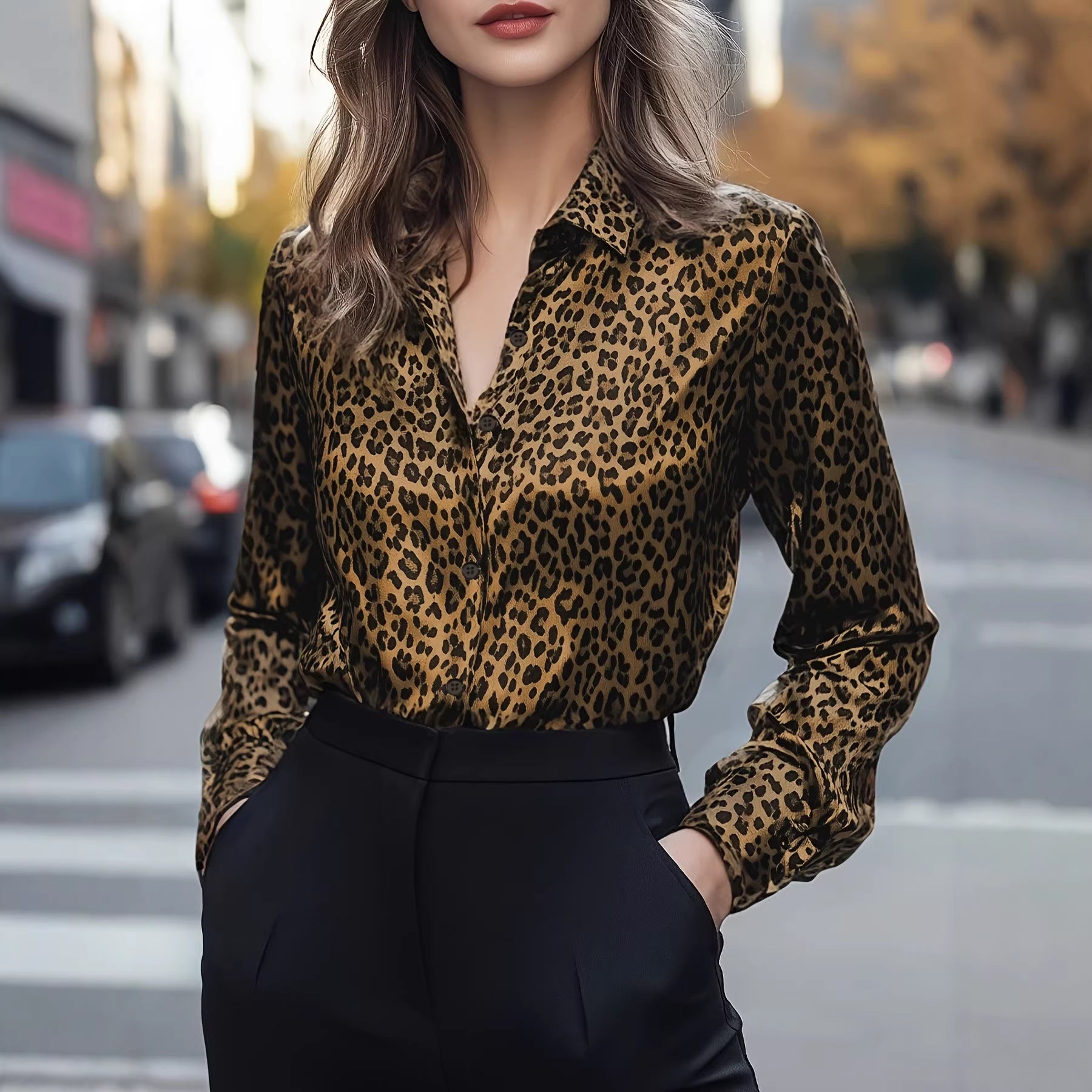 Women's Leopard Print Sexy Single-breasted Long Sleeve Blouse