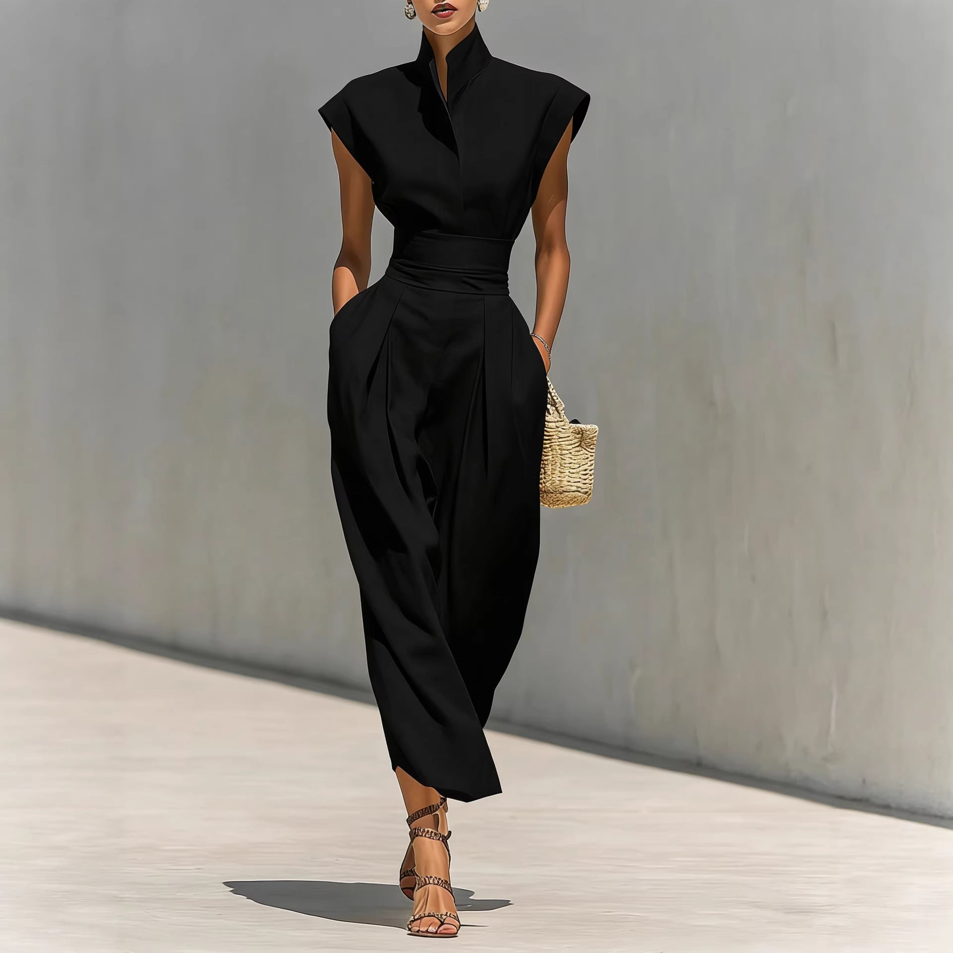 Women's Elegant High Waist Long Collar Loose Dress