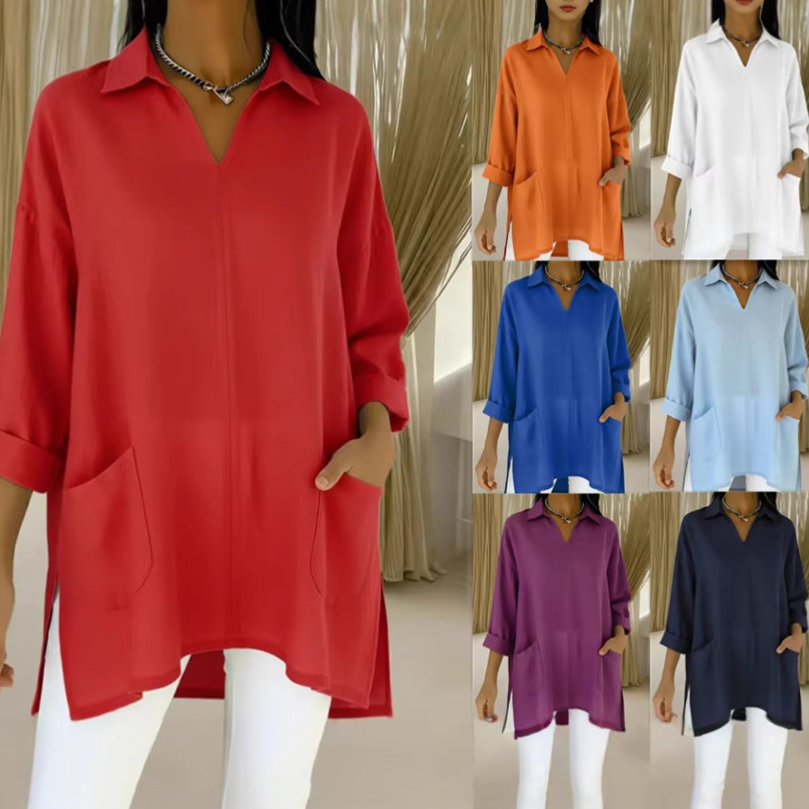 Women's Spring Fashion Solid Color Thin Pocket Blouse
