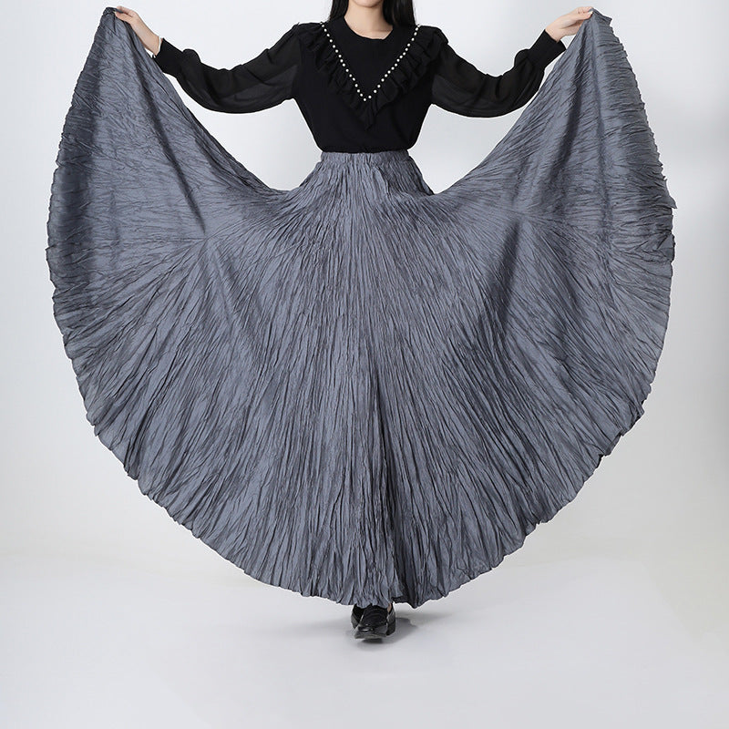 Women's Irregular Pleated A- Line Large Hem Umbrella Elastic High Waist Skirt