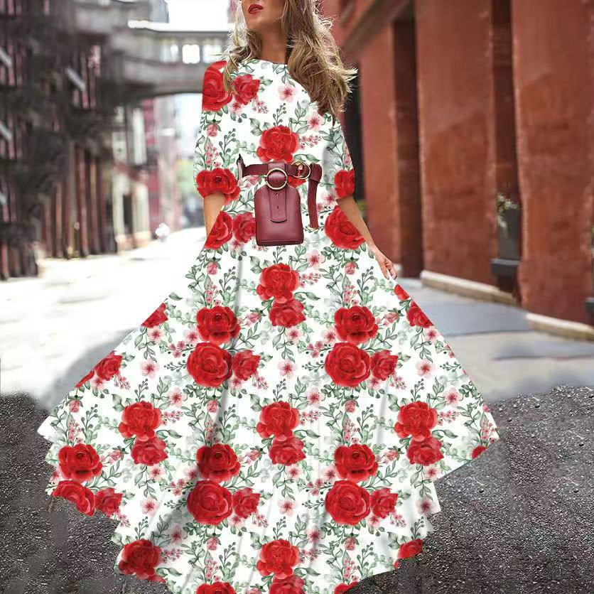 Printed Large Swing Elegant Chiffon Floral Dress