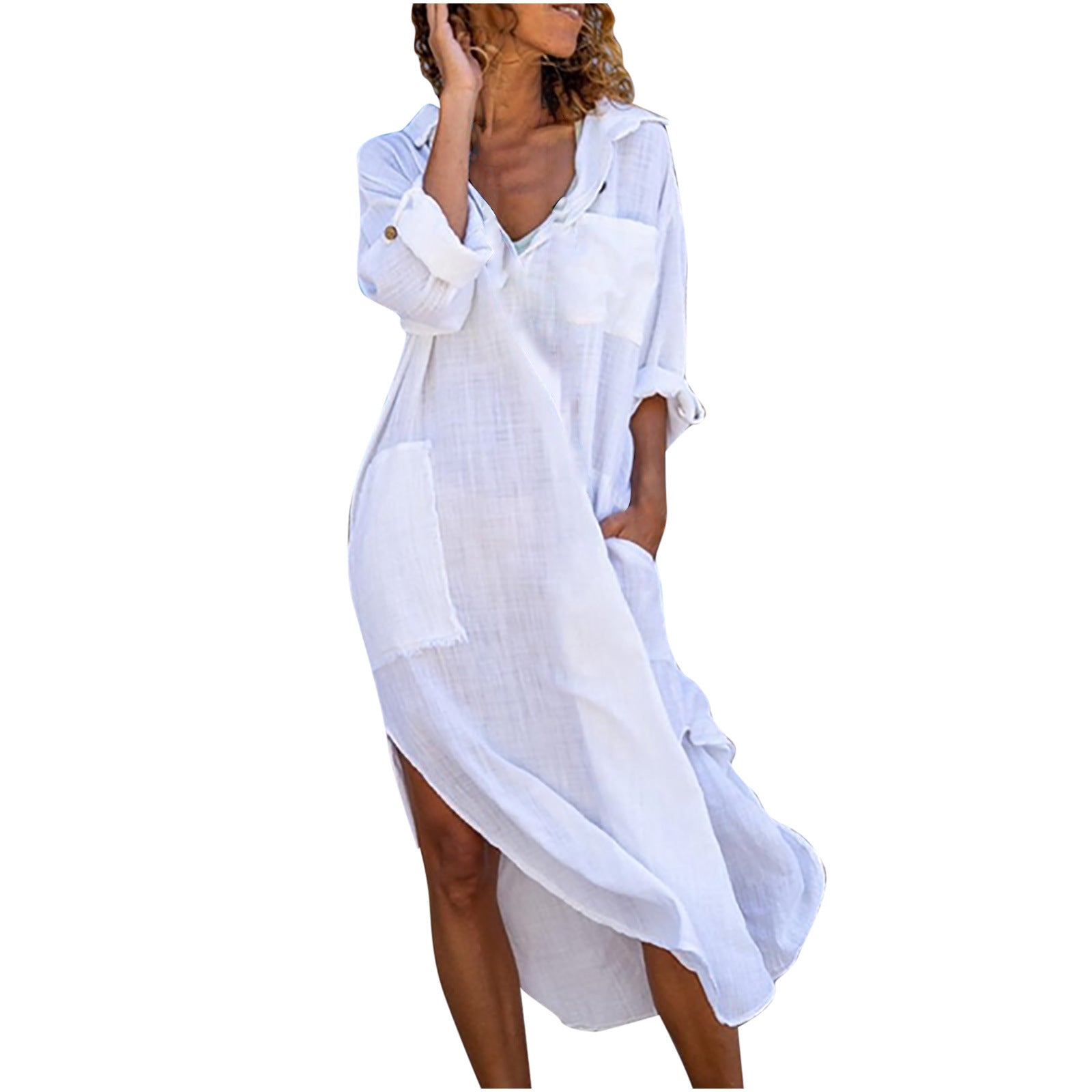Women's Solid Color Buttons Slit Loose Breathable Casual Shirt Cotton Linen Dress