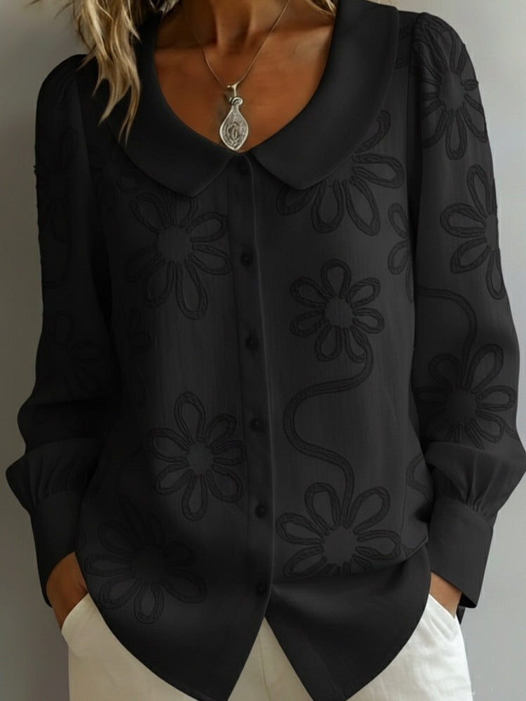 Embroidered Jacquard Doll Collar Long Sleeve Blouse