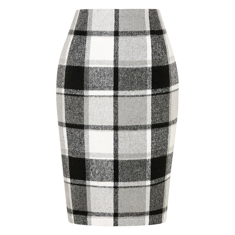 Women's Pencil Tartan High Waist Tight Hip Knee-length Dress
