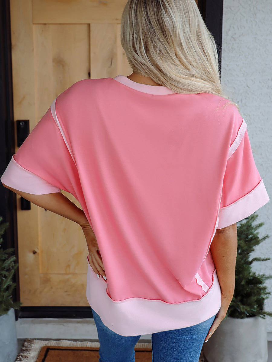 Women's Summer Pullover Round Neck Simple Versatile Contrast Color Women's T-shirt