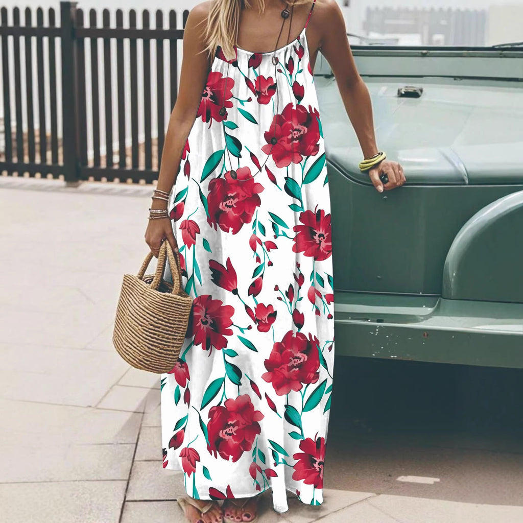 Women's Sling Backless Loose Print Long Dress
