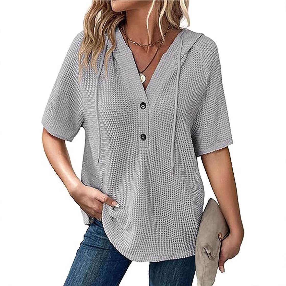 Women's Summer Waffle Knitted Short-sleeved Shirt Lightweight Drawstring Hoodie Blouse